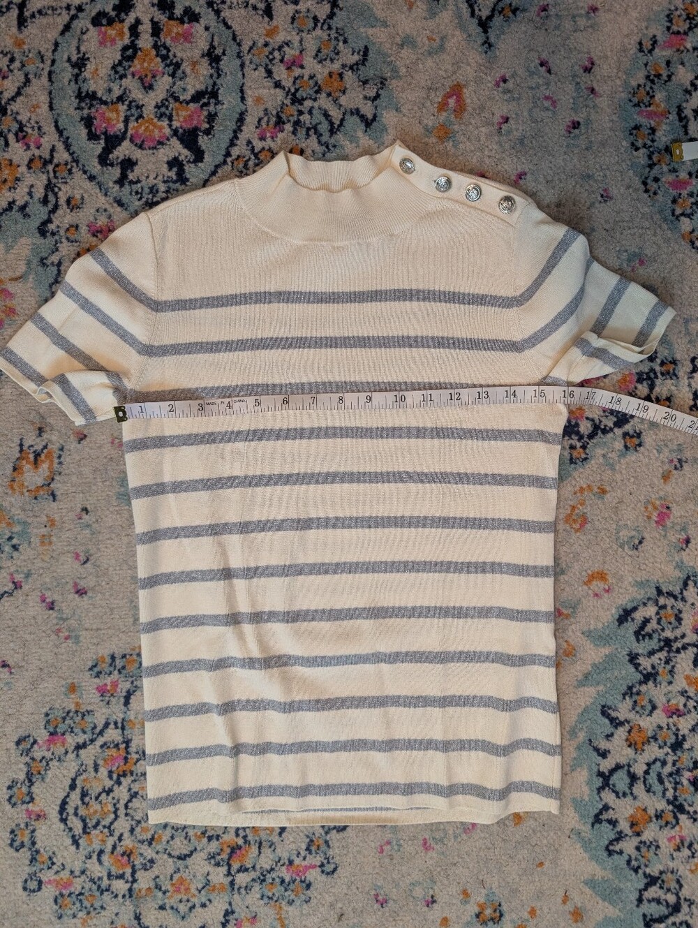 Talbots Petite Metallic Striped Short-Sleeve Sweater With Button Shoulder - SP - Picture 6 of 6